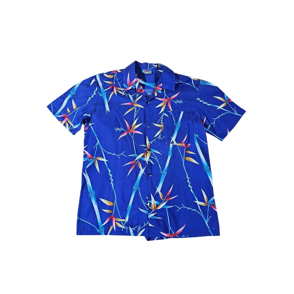 Hawaii Blues Hawaiian Shirt, Blue Red Yellow, Sz L Floral Palm Leaves 1990s